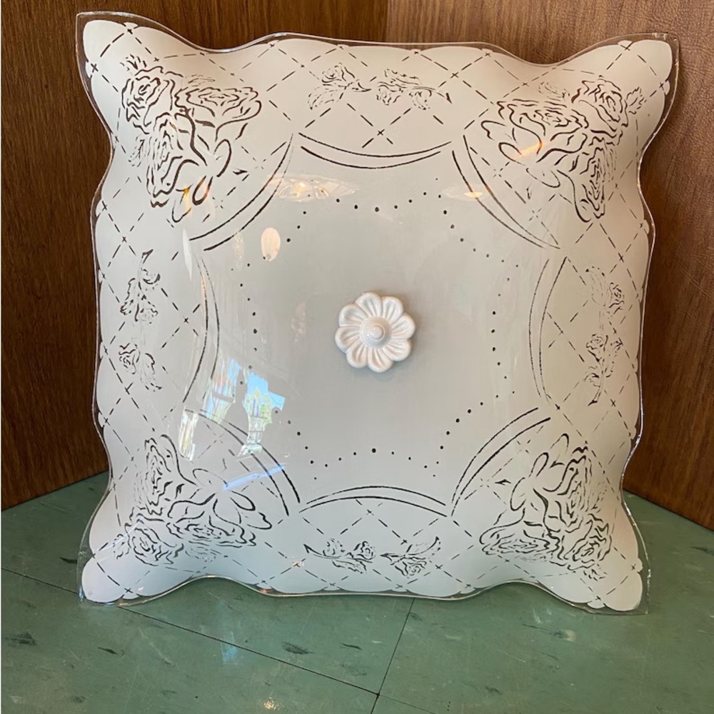 Ceiling light fixture COMPLETE working vintage mcm white roses square pillow